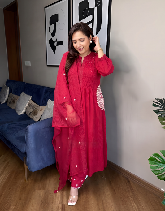Premium Deep Red Pure Cotton 60 60 Handwork Suit Set