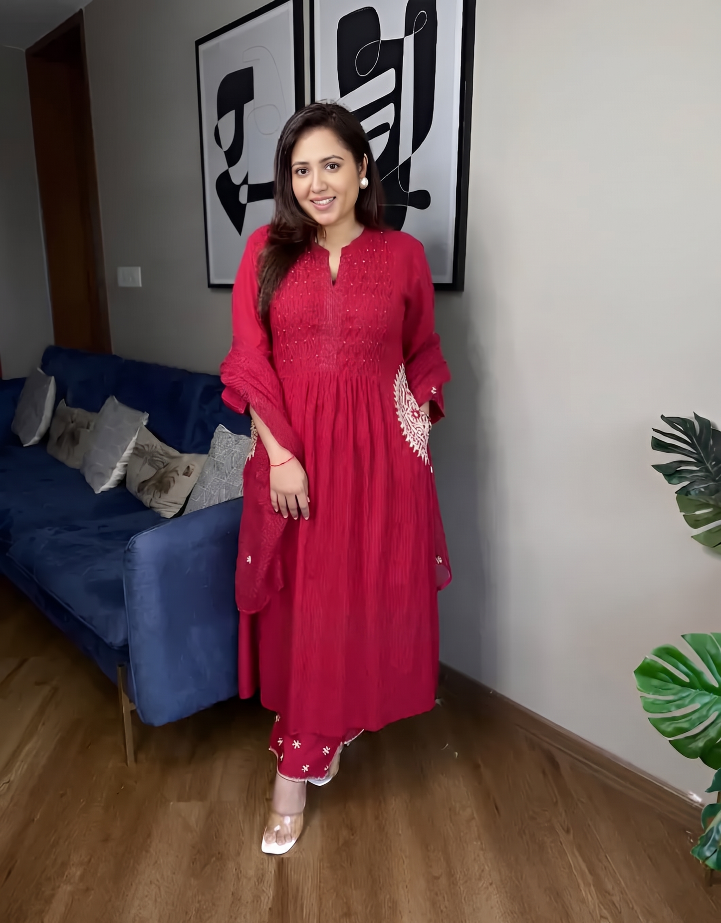 Premium Deep Red Pure Cotton 60 60 Handwork Suit Set