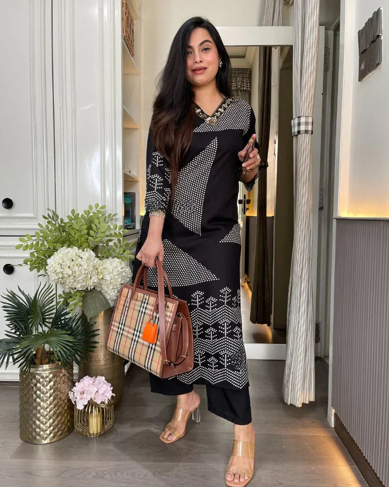 JOYA Premium Black Cotton Geometric Print Kurti & Pant Set