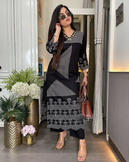 JOYA Premium Black Cotton Geometric Print Kurti & Pant Set