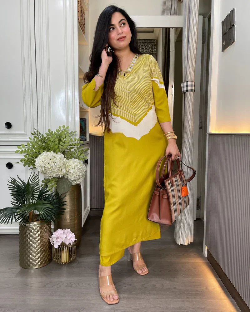 JOYA Premium Mustard Yellow Cotton Slub Kurti & Pant Set