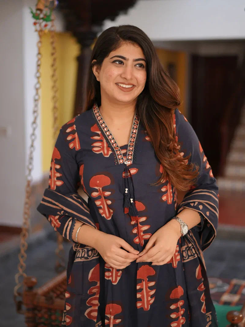 Block Print Cotton Suit Set with Embroidered V-Neck & Striped Pants
