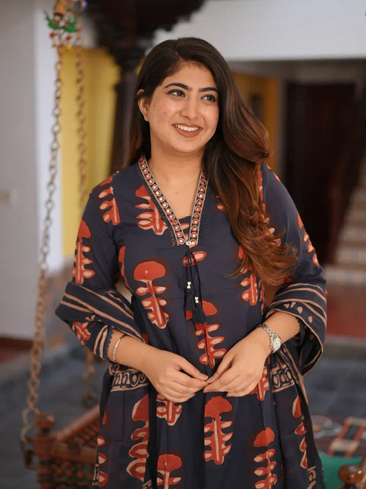 Block Print Cotton Suit Set with Embroidered V-Neck & Striped Pants