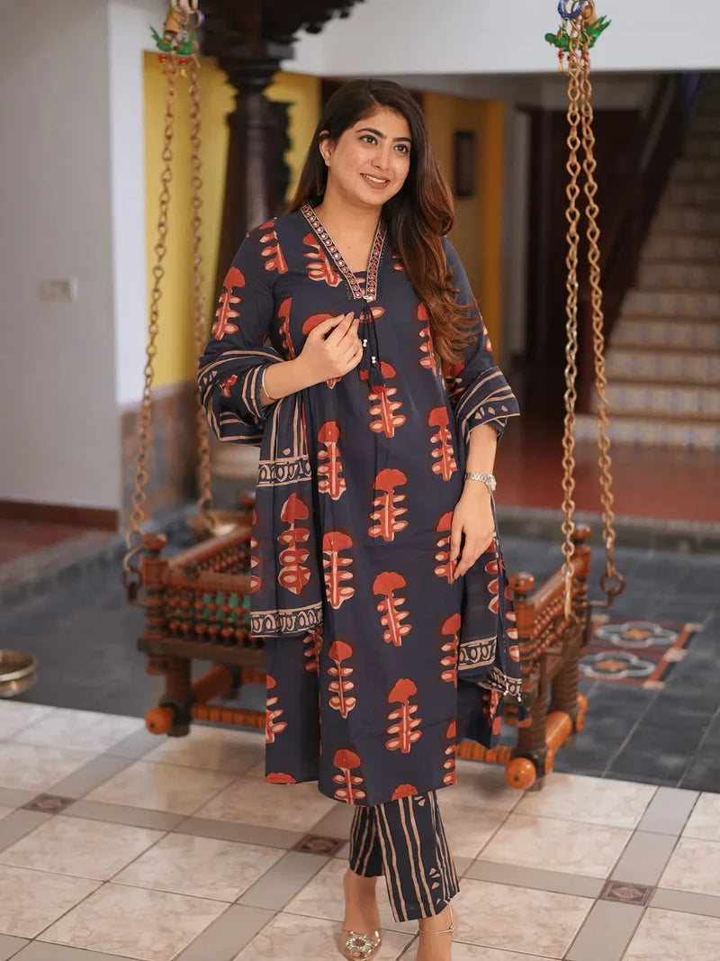 Block Print Cotton Suit Set with Embroidered V-Neck & Striped Pants