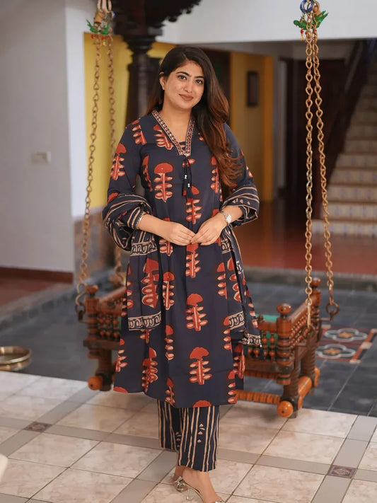 Block Print Cotton Suit Set with Embroidered V-Neck & Striped Pants