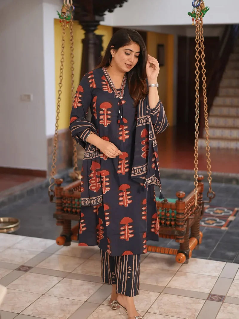 Block Print Cotton Suit Set with Embroidered V-Neck & Striped Pants
