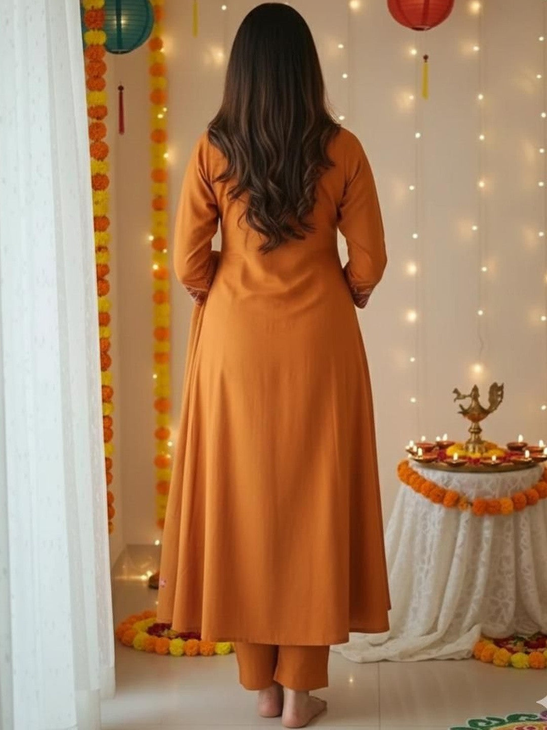 Premium Mustard Pure Cotton Flared Suit Set with Embroidery