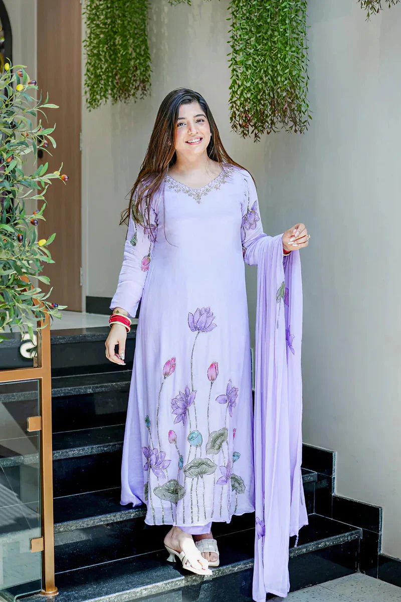 Lavender Lotus Embroidered Chinon Silk Suit Set with Dupatta