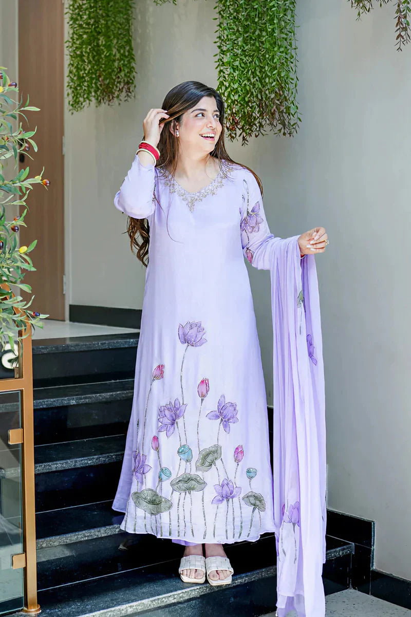 Lavender Lotus Embroidered Chinon Silk Suit Set with Dupatta