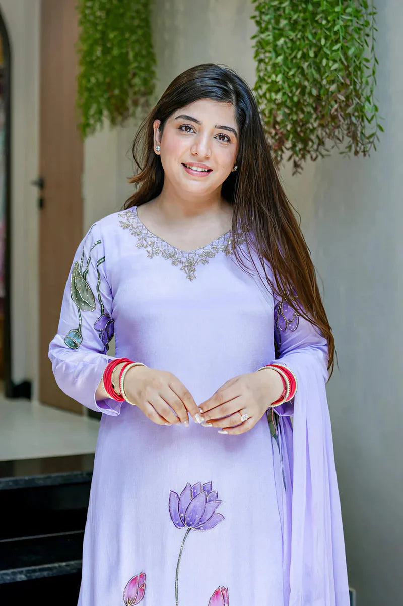 Lavender Lotus Embroidered Chinon Silk Suit Set with Dupatta