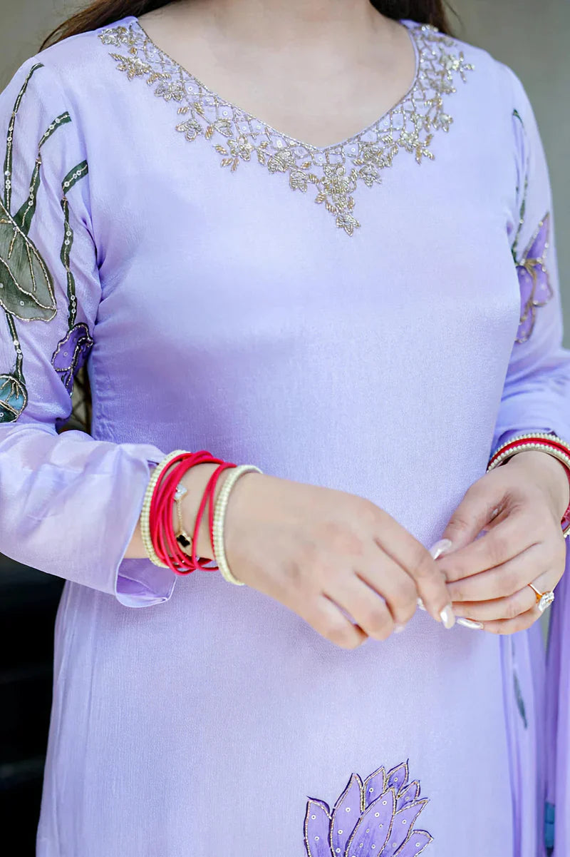 Lavender Lotus Embroidered Chinon Silk Suit Set with Dupatta