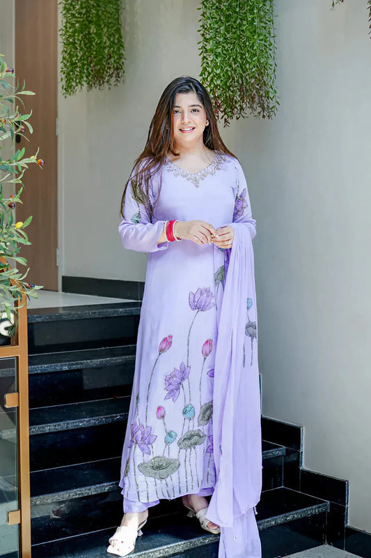 Lavender Lotus Embroidered Chinon Silk Suit Set with Dupatta