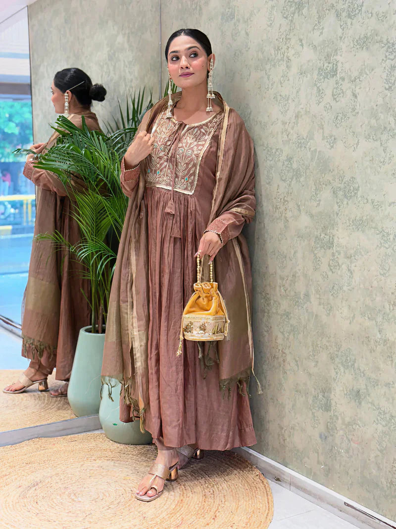 Copper Brown Embroidered Mul Chanderi Suit Set with Banarasi Dupatta