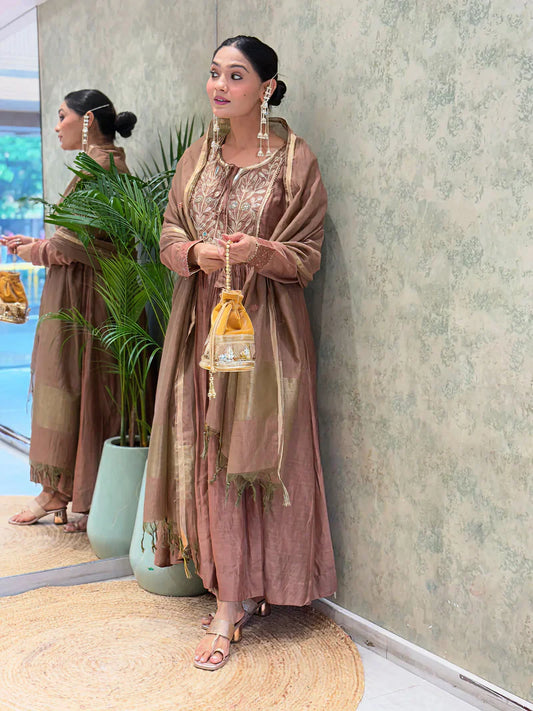 Copper Brown Embroidered Mul Chanderi Suit Set with Banarasi Dupatta