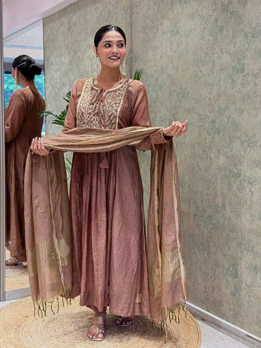 Copper Brown Embroidered Mul Chanderi Suit Set with Banarasi Dupatta