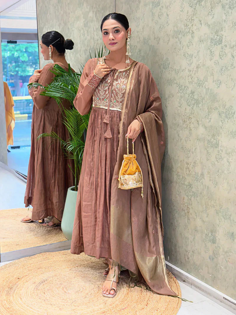 Copper Brown Embroidered Mul Chanderi Suit Set with Banarasi Dupatta