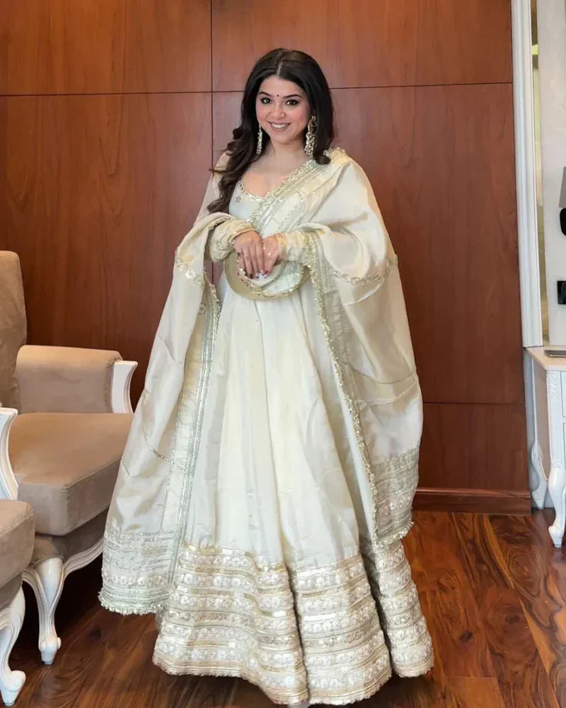 Off-White Premium Silk Anarkali Suit Set with Heavy Gold Border