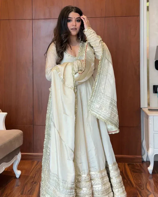 Off-White Premium Silk Anarkali Suit Set with Heavy Gold Border