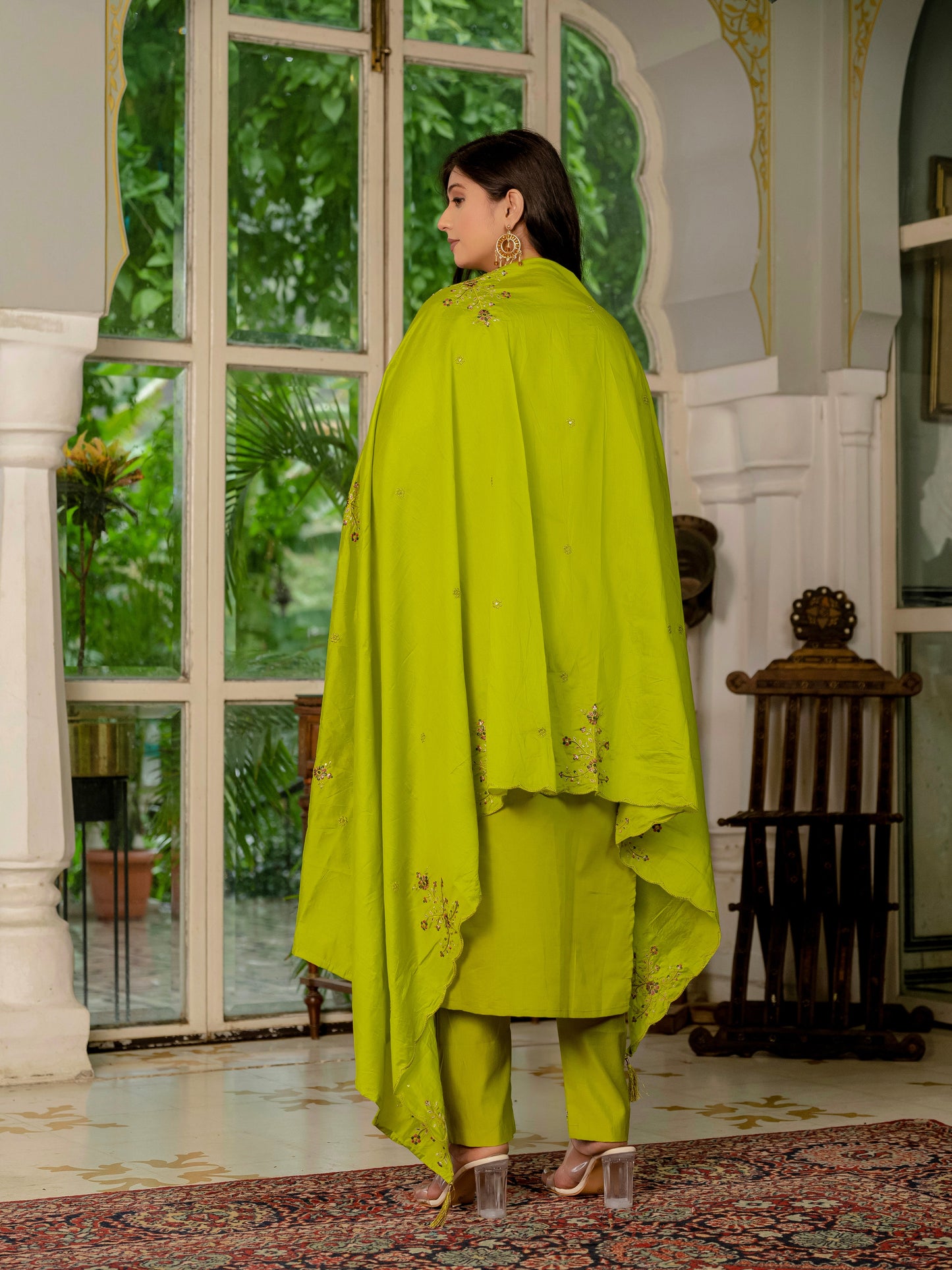 Parrot Green Embroidered Marina Silk Suit Set with Maslin Dupatta