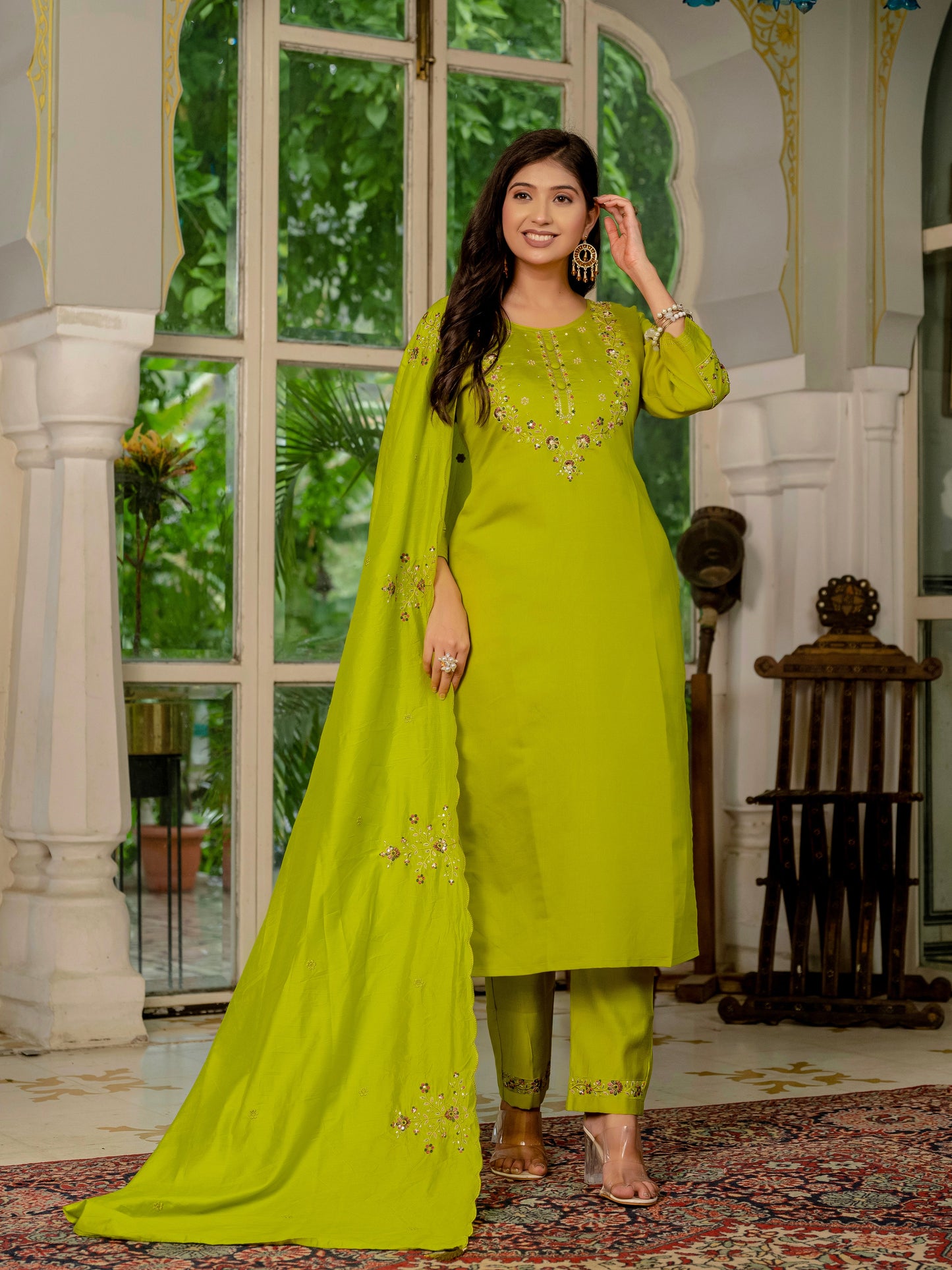 Parrot Green Embroidered Marina Silk Suit Set with Maslin Dupatta