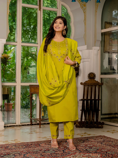 Mustard Yellow Embroidered Marina Silk Suit Set with Maslin Dupatta