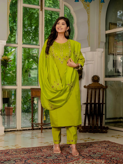 Parrot Green Embroidered Marina Silk Suit Set with Maslin Dupatta