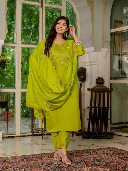Parrot Green Embroidered Marina Silk Suit Set with Maslin Dupatta
