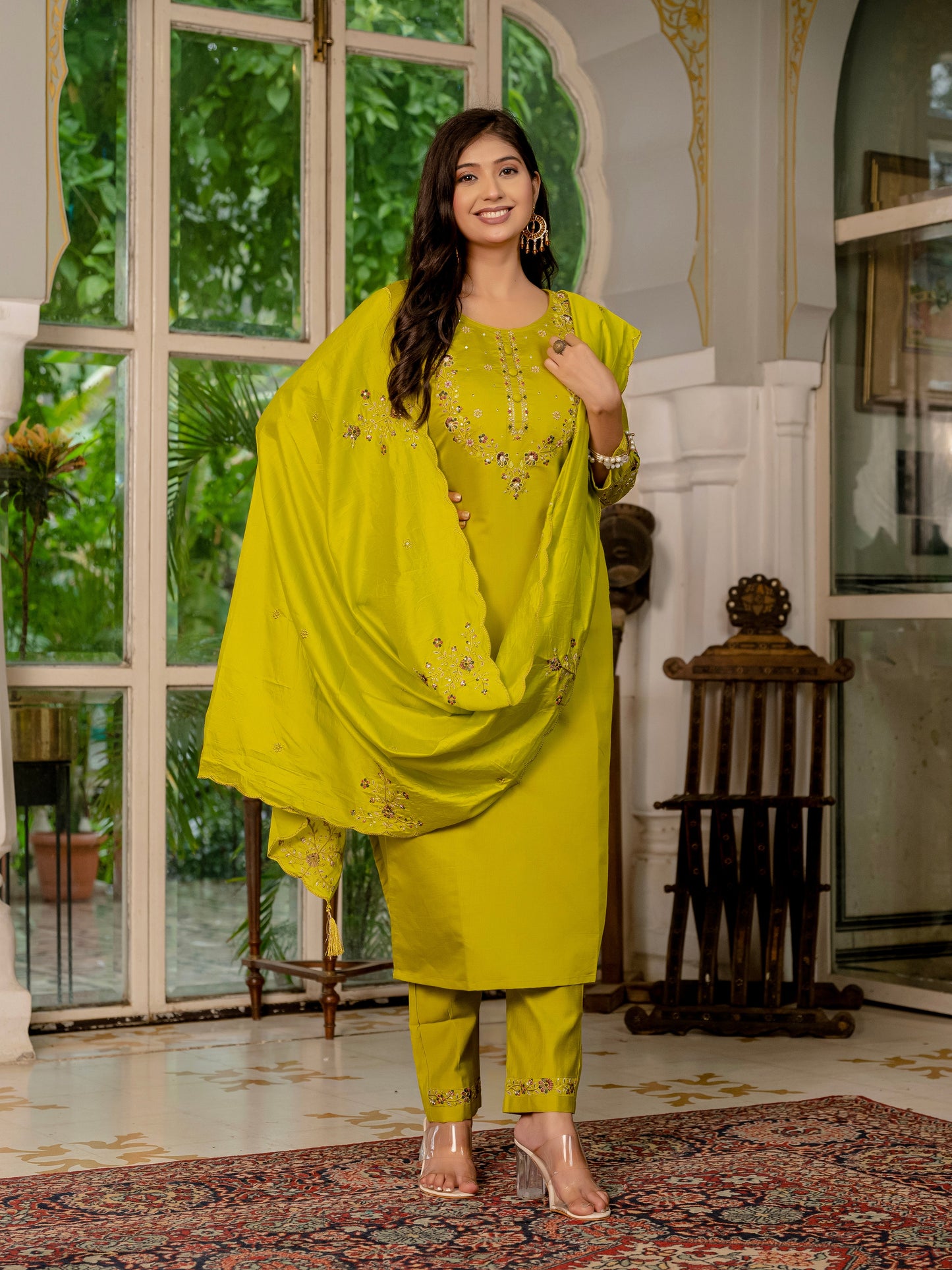 Mustard Yellow Embroidered Marina Silk Suit Set with Maslin Dupatta
