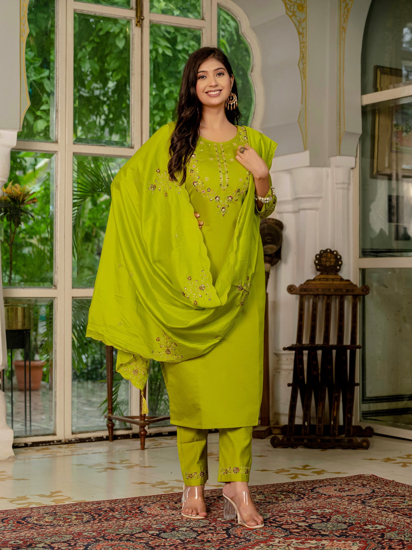 Parrot Green Embroidered Marina Silk Suit Set with Maslin Dupatta