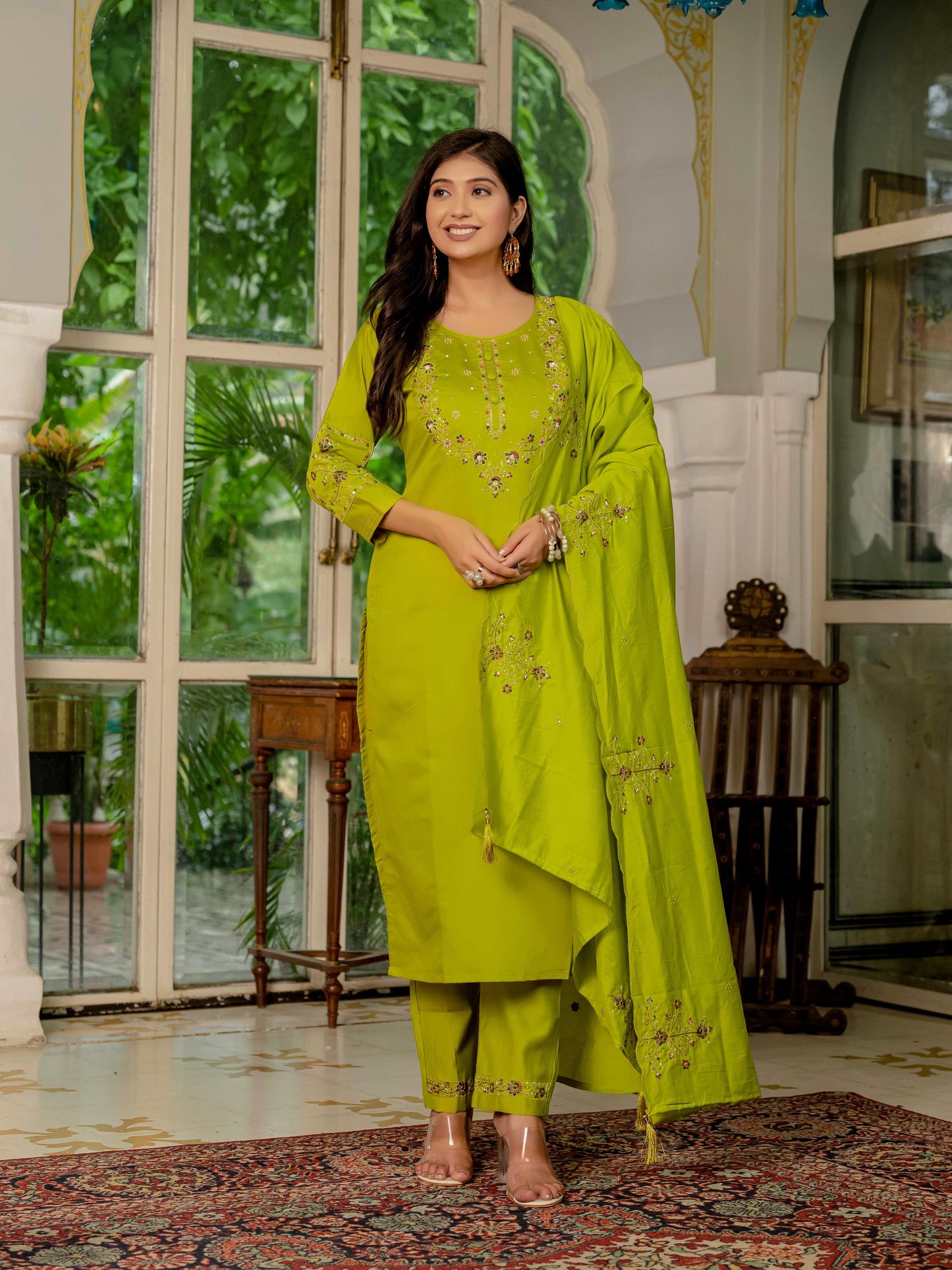 Parrot Green Embroidered Marina Silk Suit Set with Maslin Dupatta