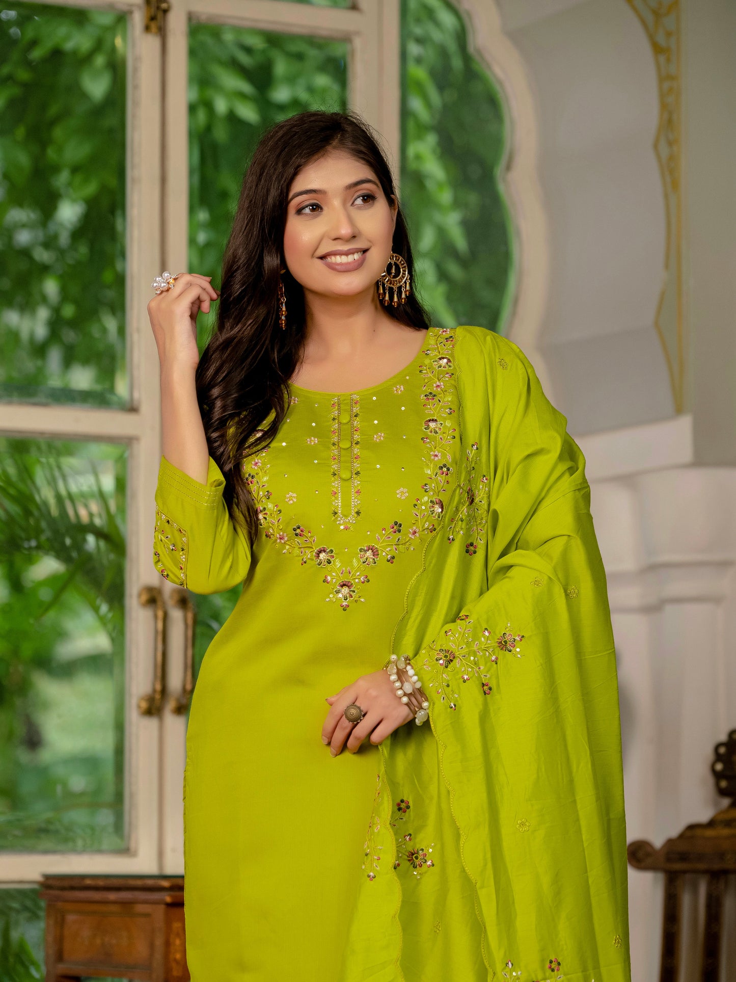 Parrot Green Embroidered Marina Silk Suit Set with Maslin Dupatta