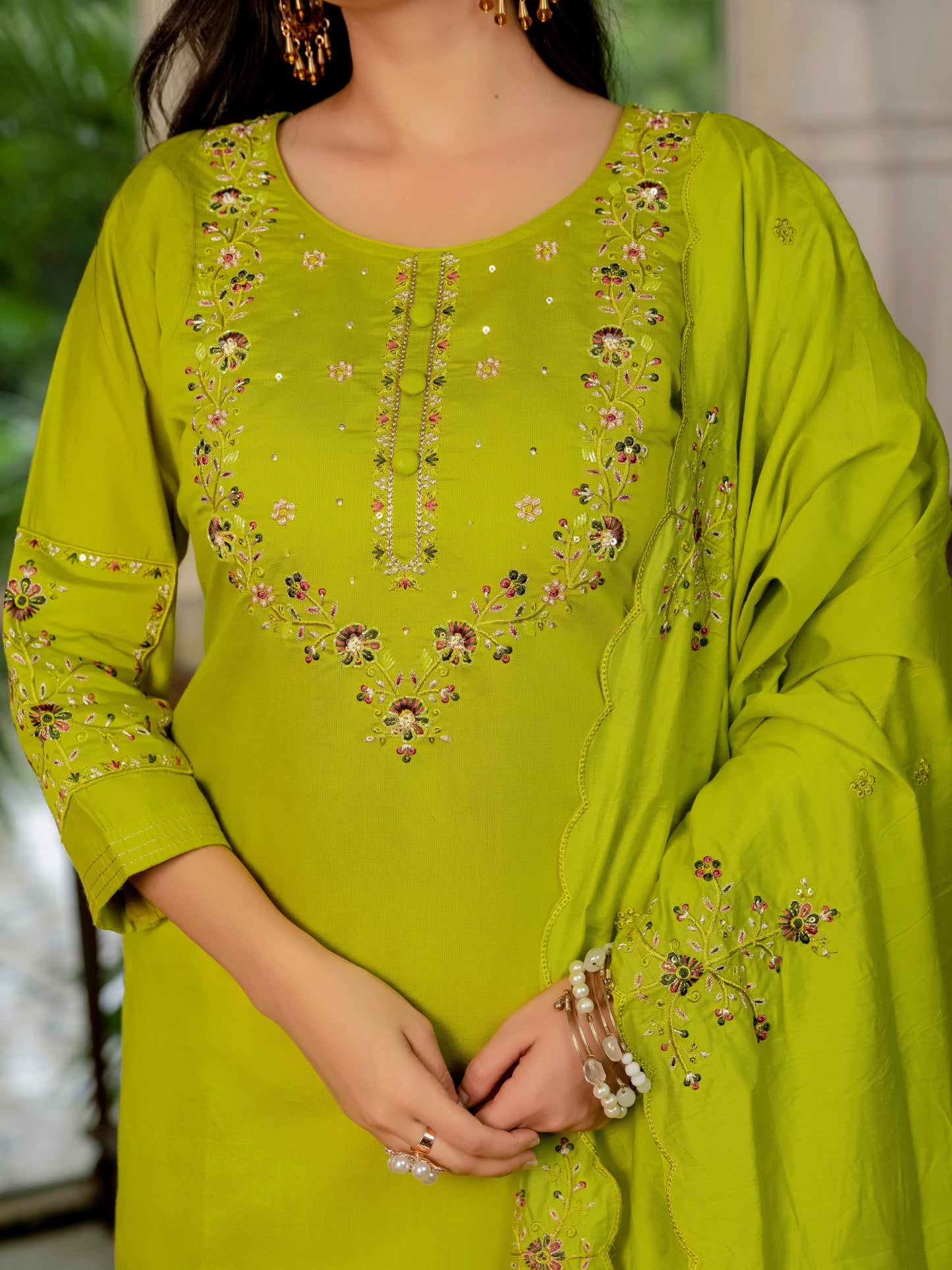 Parrot Green Embroidered Marina Silk Suit Set with Maslin Dupatta