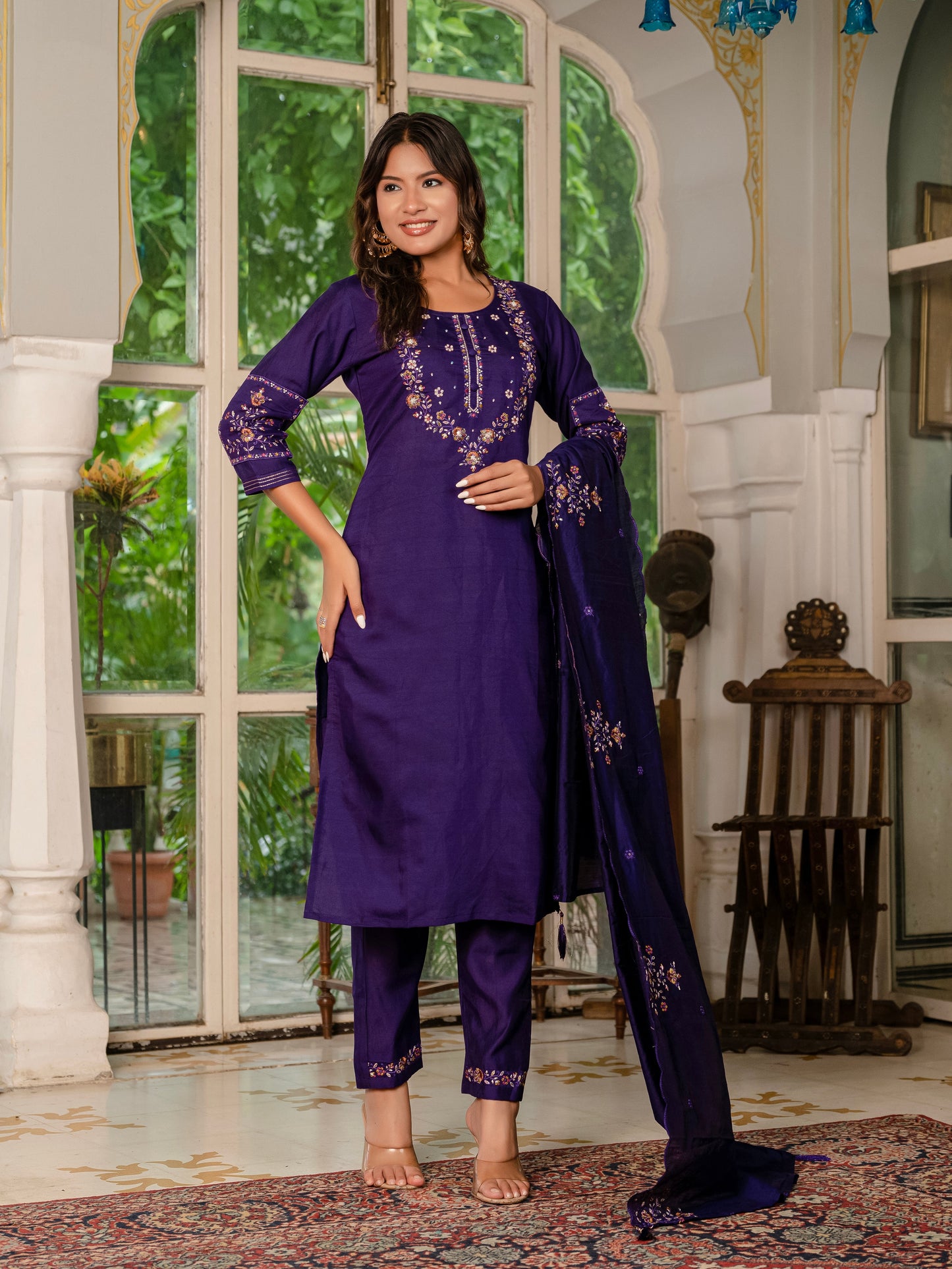 Deep Violet Embroidered Marina Silk Suit Set with Maslin Dupatta