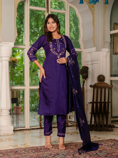 Deep Violet Embroidered Marina Silk Suit Set with Maslin Dupatta