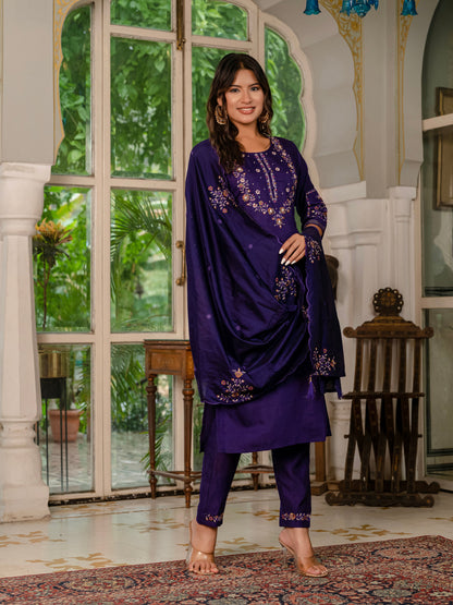 Deep Violet Embroidered Marina Silk Suit Set with Maslin Dupatta