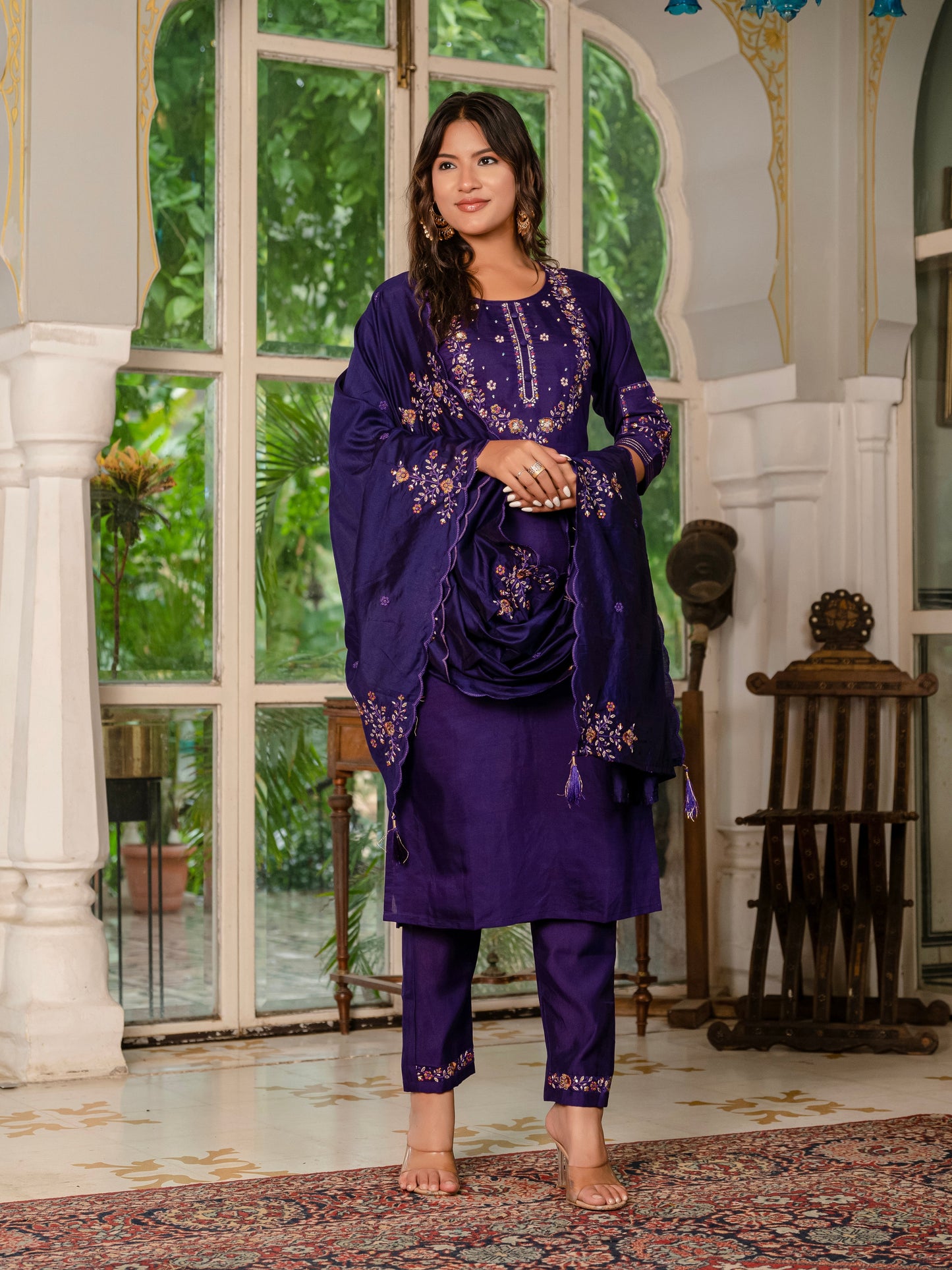 Deep Violet Embroidered Marina Silk Suit Set with Maslin Dupatta