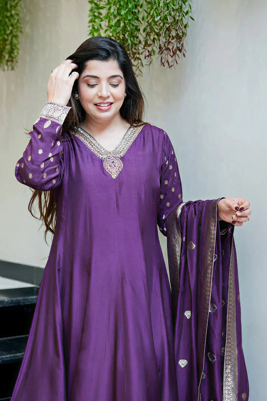 Deep Purple Premium Banarasi Anarkali Suit Set with Handwork & Zari Flare