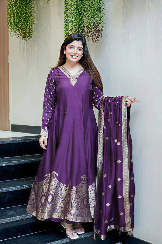 Deep Purple Premium Banarasi Anarkali Suit Set with Handwork & Zari Flare