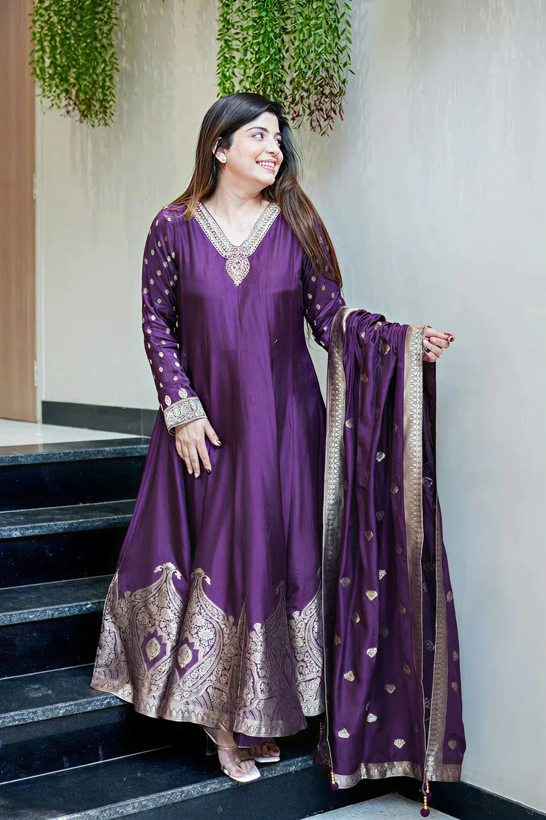 Deep Purple Premium Banarasi Anarkali Suit Set with Handwork & Zari Flare