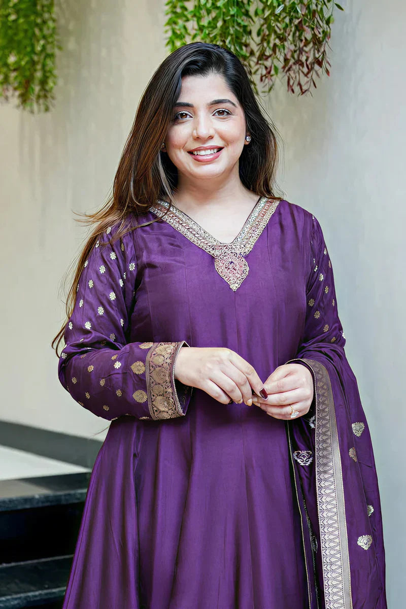 Deep Purple Premium Banarasi Anarkali Suit Set with Handwork & Zari Flare