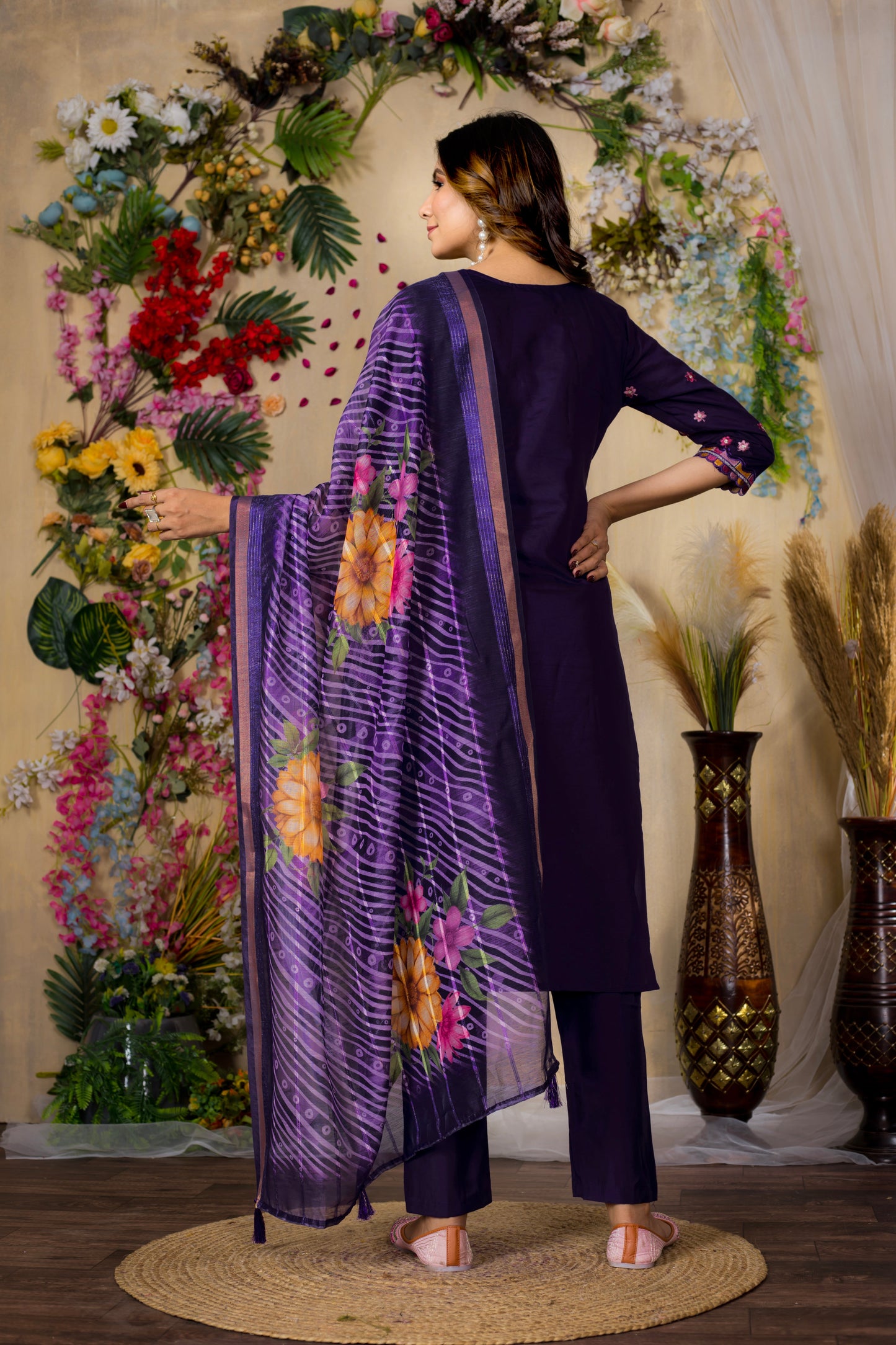 Purple Embroidered Roman Silk Suit Set with Printed Chanderi Dupatta