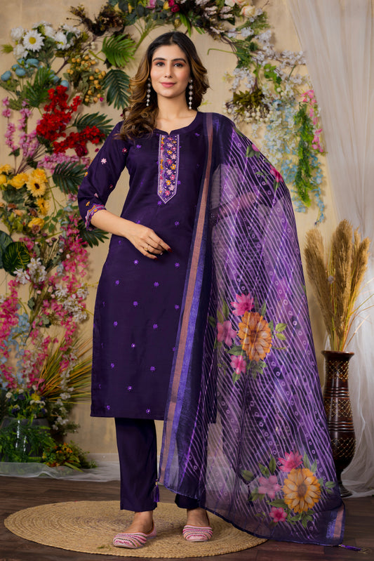Purple Embroidered Roman Silk Suit Set with Printed Chanderi Dupatta
