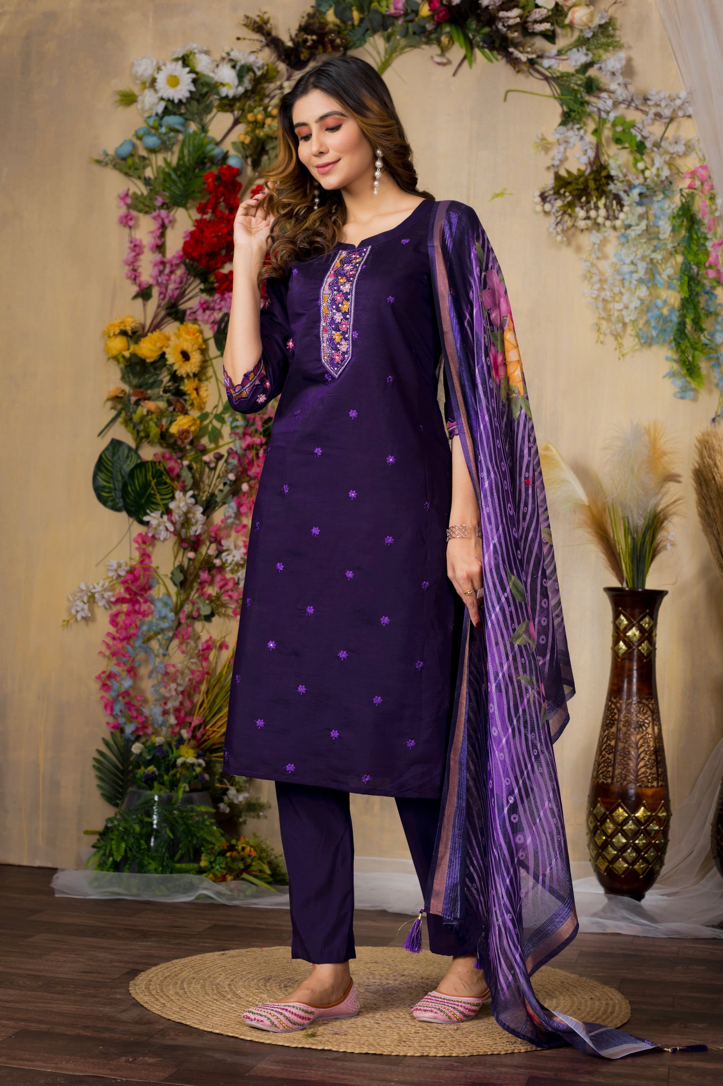 Purple Embroidered Roman Silk Suit Set with Printed Chanderi Dupatta