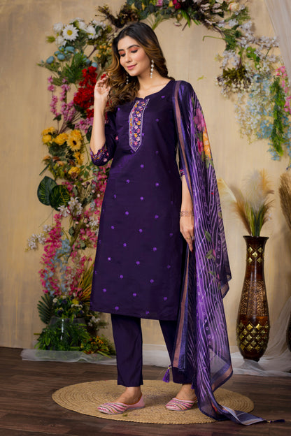 Purple Embroidered Roman Silk Suit Set with Printed Chanderi Dupatta