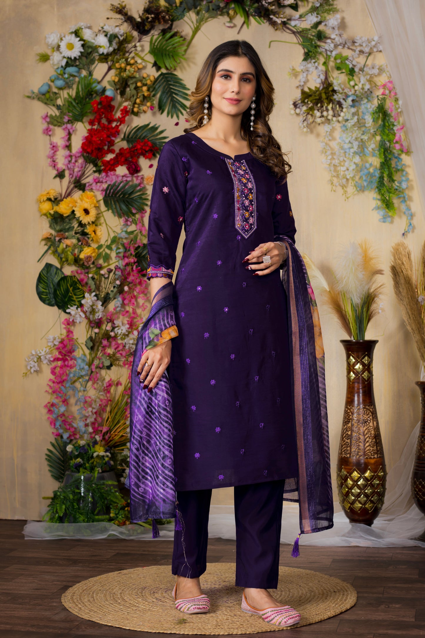Purple Embroidered Roman Silk Suit Set with Printed Chanderi Dupatta
