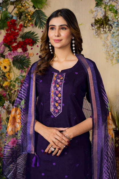 Purple Embroidered Roman Silk Suit Set with Printed Chanderi Dupatta