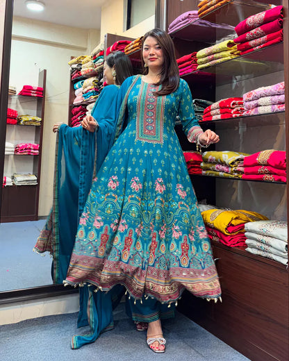 Teal Blue Rajasthani Printed Chinon Anarkali Suit Set