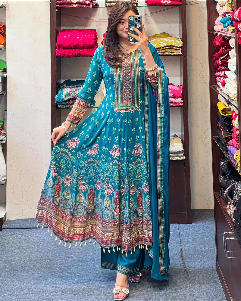Teal Blue Rajasthani Printed Chinon Anarkali Suit Set