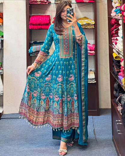 Teal Blue Rajasthani Printed Chinon Anarkali Suit Set