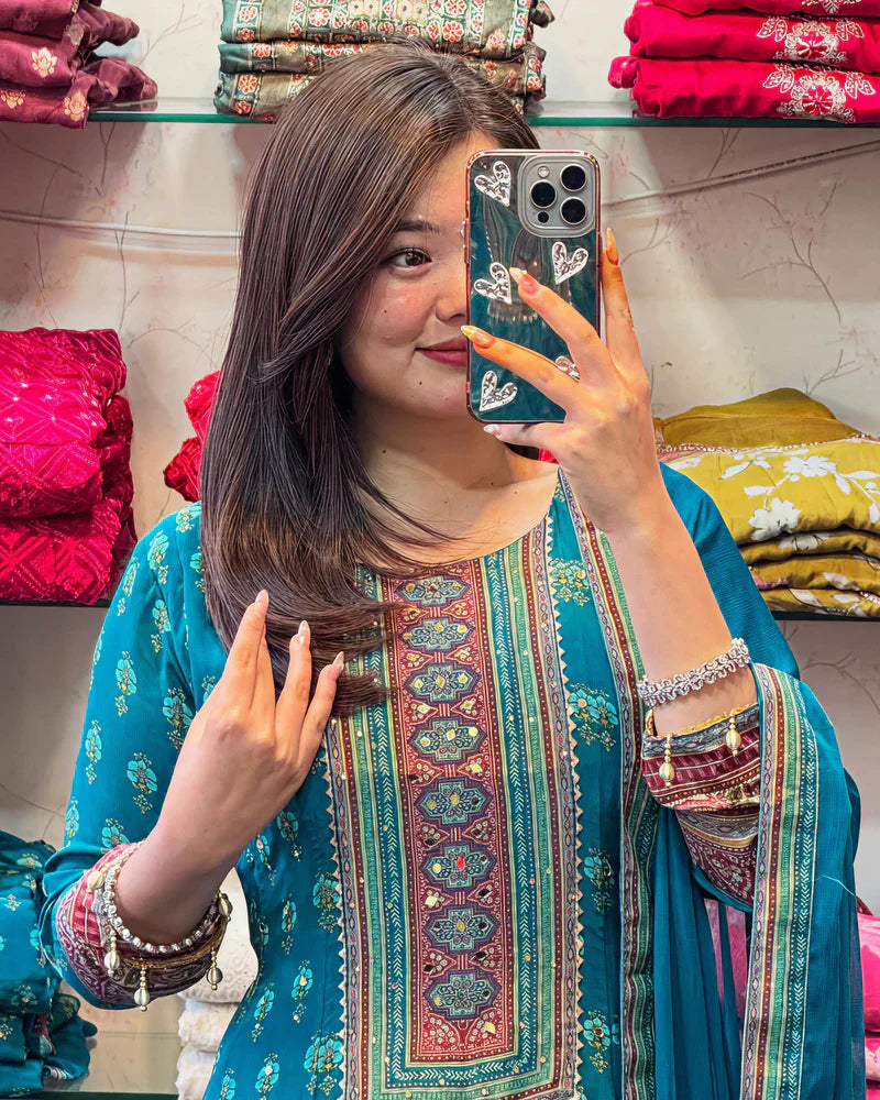 Teal Blue Rajasthani Printed Chinon Anarkali Suit Set